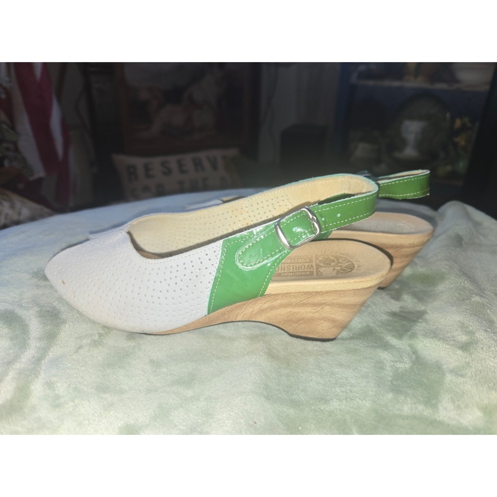 Worishofer 251 White Green Perforated Leather Wedge Slingback Sandals EU 39